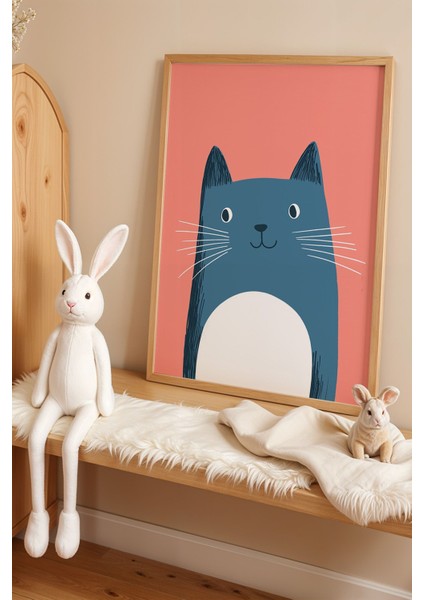 Minimal Kedi Çocuk Odası Ahşap Çerçeveli Duvar Tablosu