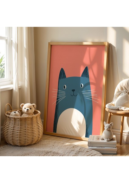 Minimal Kedi Çocuk Odası Ahşap Çerçeveli Duvar Tablosu