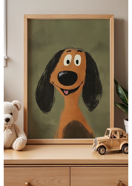 Uzun Kulaklı Sevimli Köpek Çocuk Odası Ahşap Çerçeveli Duvar Tablosu