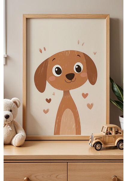 Aşık Kahverengi Köpek Çocuk Odası Ahşap Çerçeveli Duvar Tablosu
