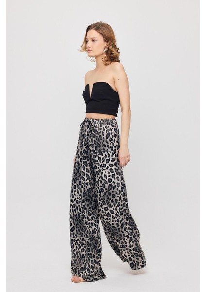 9410 Leopar Desen Saten Palazzo/dökümlü Pantolon Gri