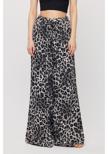 9410 Leopar Desen Saten Palazzo/dökümlü Pantolon Gri fiyatları