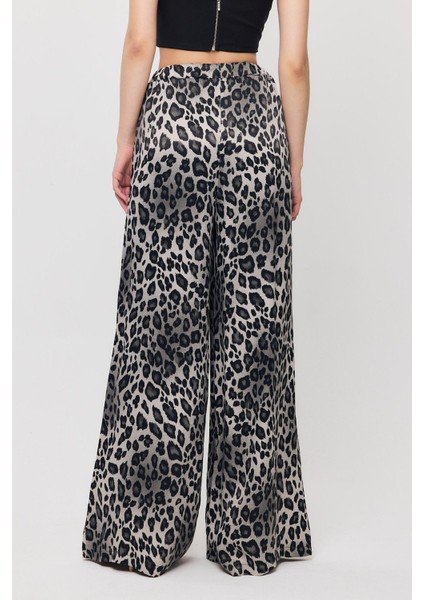 9410 Leopar Desen Saten Palazzo/dökümlü Pantolon Gri indirimleri