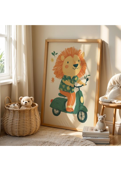 Scooter Süren Aslan Çocuk Odası Ahşap Çerçeveli Duvar Tablosu fiyatları