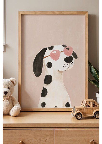 Şirin Kalpli Gözlüklü Köpek Çocuk Odası Ahşap Çerçeveli Duvar Tablosu
