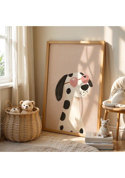 Şirin Kalpli Gözlüklü Köpek Çocuk Odası Ahşap Çerçeveli Duvar Tablosu fiyatları