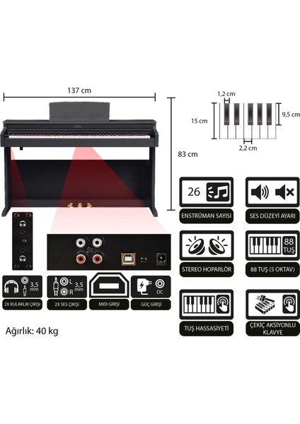 Jwin Sapphire SDP-380 Çekiç Aksiyonlu 88 Tuşlu Dijital Piyano + Tabure - Siyah