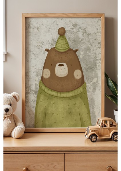 Yeşil Kazaklı Ayı Çocuk Odası Ahşap Çerçeveli Duvar Tablosu