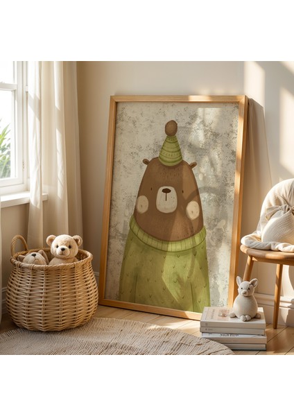 Yeşil Kazaklı Ayı Çocuk Odası Ahşap Çerçeveli Duvar Tablosu fiyatları