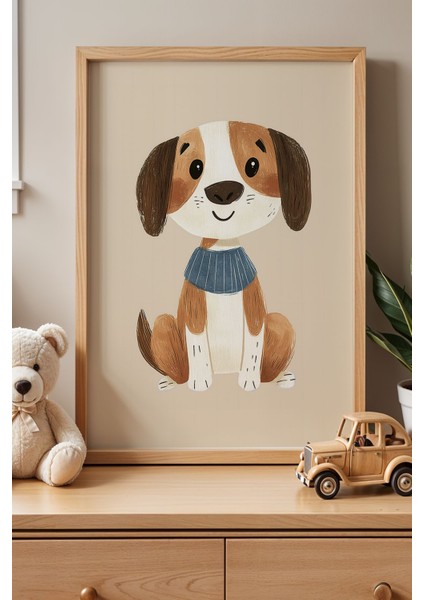 Mavi Fularlı Şirin Köpek Çocuk Odası Ahşap Çerçeveli Duvar Tablosu