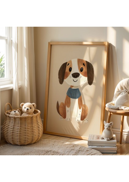 Mavi Fularlı Şirin Köpek Çocuk Odası Ahşap Çerçeveli Duvar Tablosu fiyatları