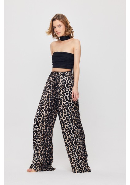 9410 Leopar Desen Saten Palazzo/dökümlü Pantolon Siyah