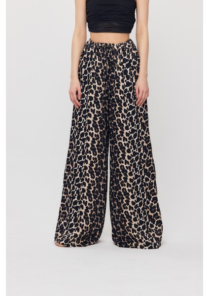 9410 Leopar Desen Saten Palazzo/dökümlü Pantolon Siyah modelleri