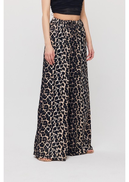 9410 Leopar Desen Saten Palazzo/dökümlü Pantolon Siyah fırsatları