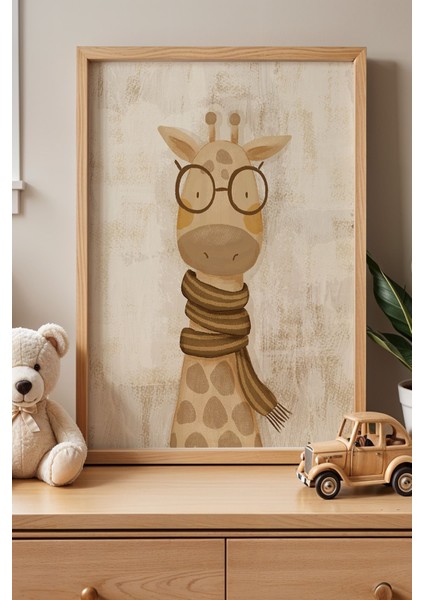 Gözlüklü Zürafa Çocuk Odası Ahşap Çerçeveli Duvar Tablosu