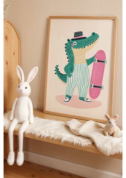 Kaykaycı Timsah Çocuk Odası Ahşap Çerçeveli Duvar Tablosu