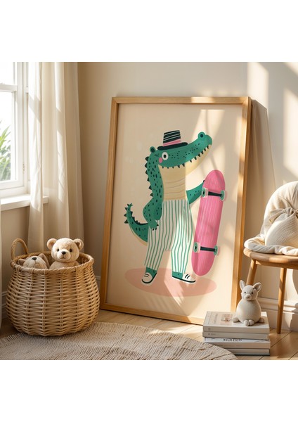 Kaykaycı Timsah Çocuk Odası Ahşap Çerçeveli Duvar Tablosu fiyatları