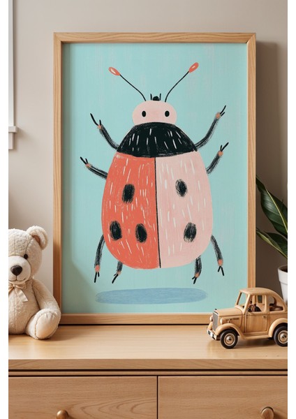Sevimli Uğur Böceği Çocuk Odası Ahşap Çerçeveli Duvar Tablosu