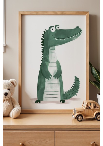 Gülümseyen Timsah Çocuk Odası Ahşap Çerçeveli Duvar Tablosu