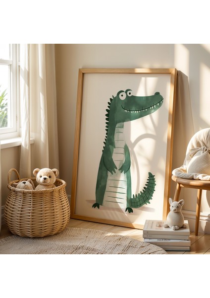 Gülümseyen Timsah Çocuk Odası Ahşap Çerçeveli Duvar Tablosu fiyatları