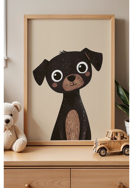 Sevimli Siyah Köpek Çocuk Odası Ahşap Çerçeveli Duvar Tablosu