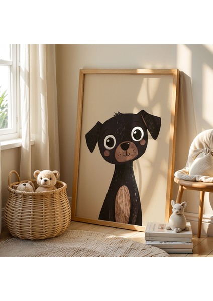 Sevimli Siyah Köpek Çocuk Odası Ahşap Çerçeveli Duvar Tablosu fiyatları