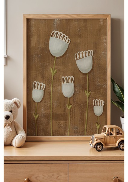 Minimal Çiçekler Çocuk Odası Ahşap Çerçeveli Duvar Tablosu
