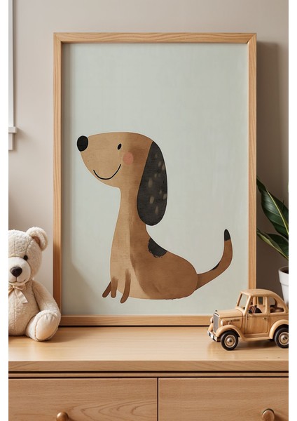 Şirin Oturan Köpek Çocuk Odası Ahşap Çerçeveli Duvar Tablosu