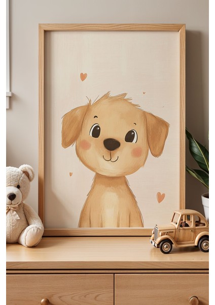 Aşık Sarı Köpek Çocuk Odası Ahşap Çerçeveli Duvar Tablosu