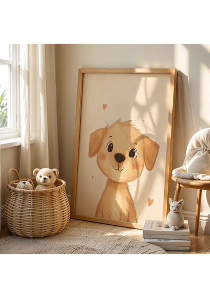 Aşık Sarı Köpek Çocuk Odası Ahşap Çerçeveli Duvar Tablosu