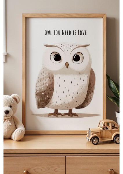 Sevimli Baykuş Çocuk Odası Ahşap Çerçeveli Duvar Tablosu