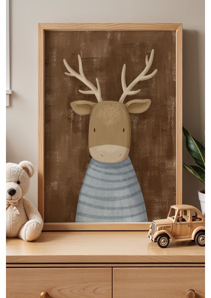 Mavi Çizgili Geyik Çocuk Odası Ahşap Çerçeveli Duvar Tablosu