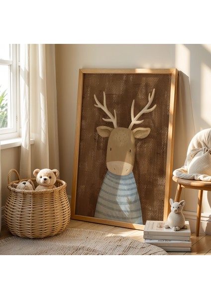Mavi Çizgili Geyik Çocuk Odası Ahşap Çerçeveli Duvar Tablosu fiyatları