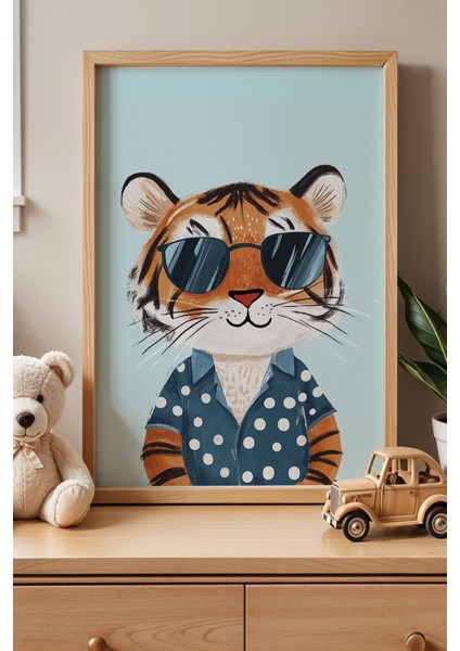 Havalı Kaplan Çocuk Odası Ahşap Çerçeveli Duvar Tablosu