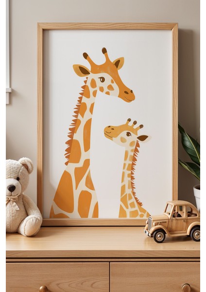 Sevimli Zürafalar Çocuk Odası Ahşap Çerçeveli Duvar Tablosu