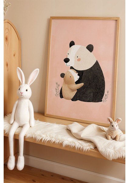 Panda Ailesi Çocuk Odası Ahşap Çerçeveli Duvar Tablosu