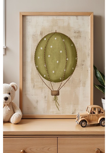 Yeşil Uçan Balon Çocuk Odası Ahşap Çerçeveli Duvar Tablosu