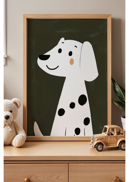 Yeşil Fonlu Sevimli Köpek Çocuk Odası Ahşap Çerçeveli Duvar Tablosu