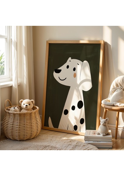 Yeşil Fonlu Sevimli Köpek Çocuk Odası Ahşap Çerçeveli Duvar Tablosu fiyatları