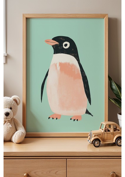 Sevimli Penguen Çocuk Odası Ahşap Çerçeveli Duvar Tablosu