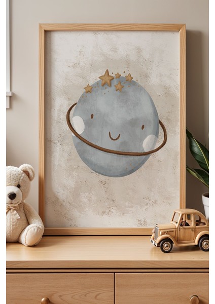 Gülümseyen Gezegen Çocuk Odası Ahşap Çerçeveli Duvar Tablosu