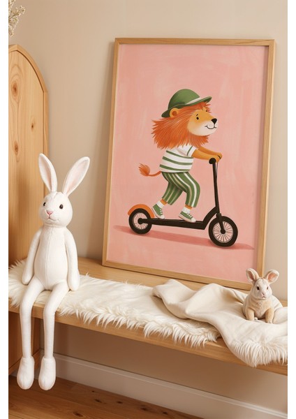 Scooter Süren Aslan Çocuk Odası Ahşap Çerçeveli Duvar Tablosu
