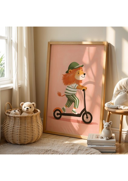 Scooter Süren Aslan Çocuk Odası Ahşap Çerçeveli Duvar Tablosu fiyatları