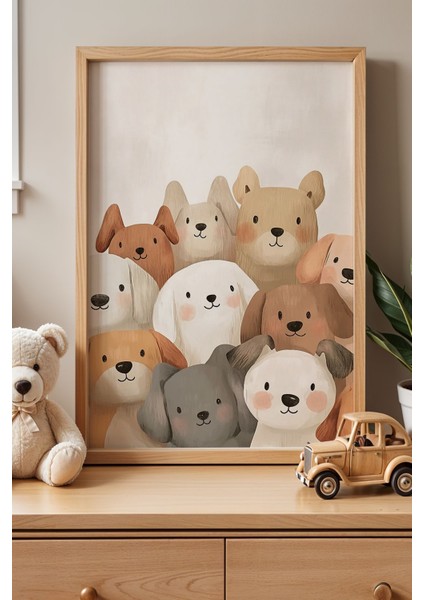 Sevimli Köpekler Çocuk Odası Ahşap Çerçeveli Duvar Tablosu
