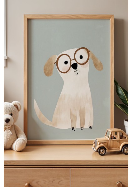 Gözlüklü Sevimli Köpek Çocuk Odası Ahşap Çerçeveli Duvar Tablosu
