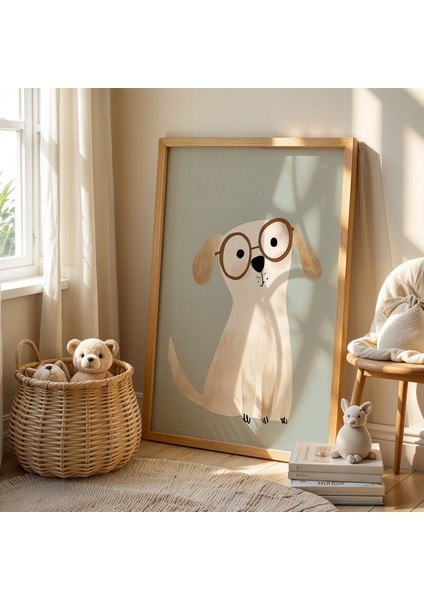 Gözlüklü Sevimli Köpek Çocuk Odası Ahşap Çerçeveli Duvar Tablosu fiyatları