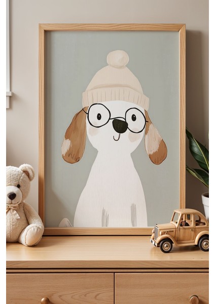 Şapkalı Sevimli Köpek Çocuk Odası Ahşap Çerçeveli Duvar Tablosu