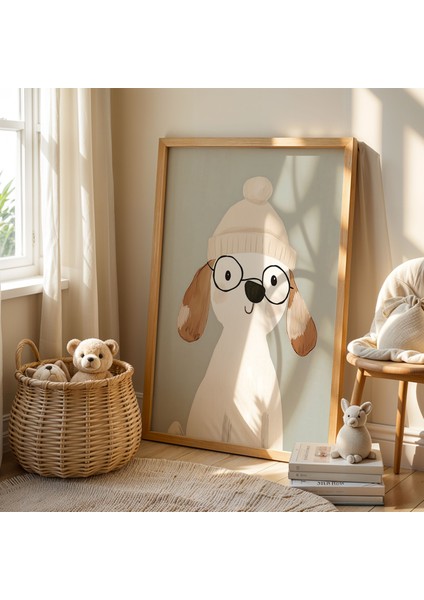 Şapkalı Sevimli Köpek Çocuk Odası Ahşap Çerçeveli Duvar Tablosu fiyatları