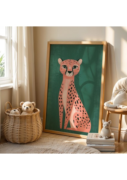 Sevimli Çita Renkli Çocuk Odası Ahşap Çerçeveli Duvar Tablosu fiyatları