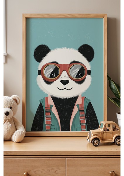 Sevimli Pilot Panda Çocuk Odası Ahşap Çerçeveli Duvar Tablosu